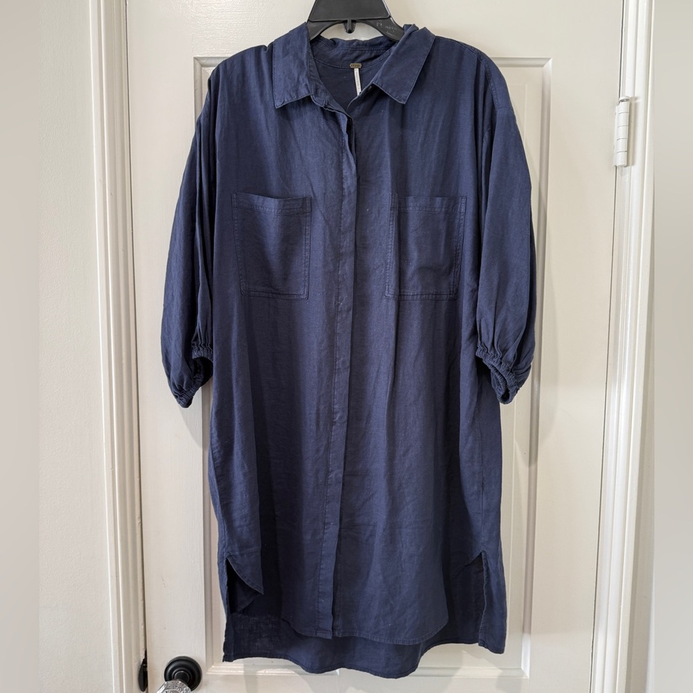 YFB Young Fabulous Broke navy blue collar shirtdress linen blend